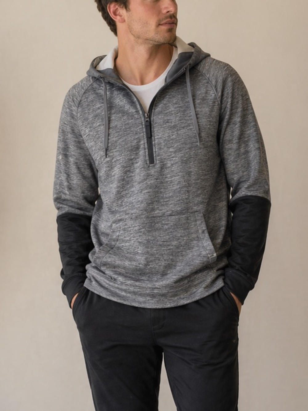 DSG Mens Heather Gray & Black Colorblock Fleece Hooded Sweatshirt size Large